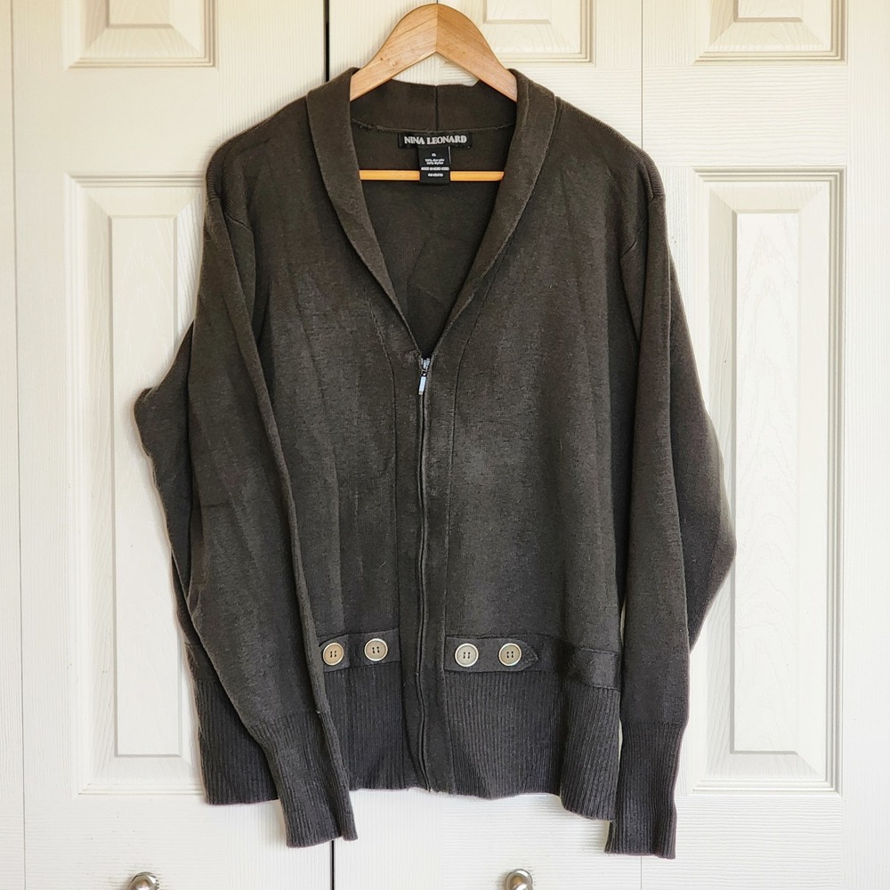 NINA LEONARD ZIP Up Cardigan Sz Xl Women's Army Green‎ /gray Button Accents